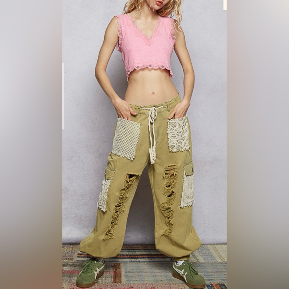 New POL Olive Green Crocheted Distressed Joggers. Size small, medium, large